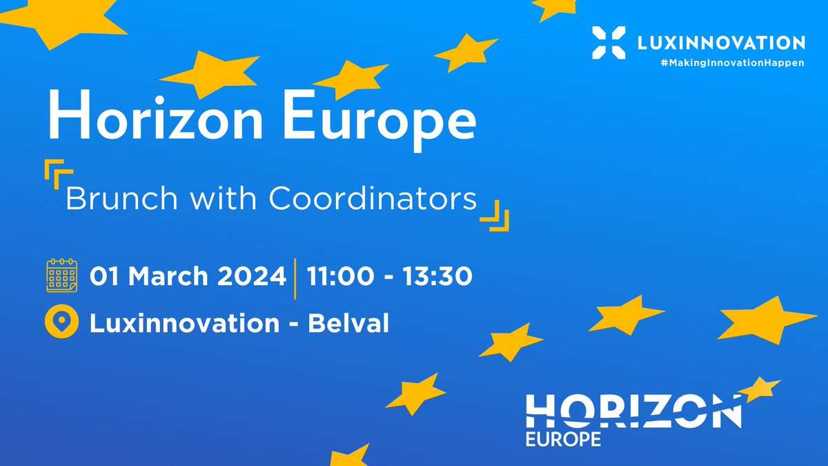 Luxinnovation's tweet photo. 🥐 Horizon Europe - Brunch with coordinators 
🗓️ 01 March | 11:00-13:30

The purpose of this workshop is to shed some light on the responsibilities, challenges, skills and attributes needed to drive a #collaborative project in #HorizonEurope.

Register now https://t.co/kBxFMgfP3u https://t.co/m3AOnAN5KN