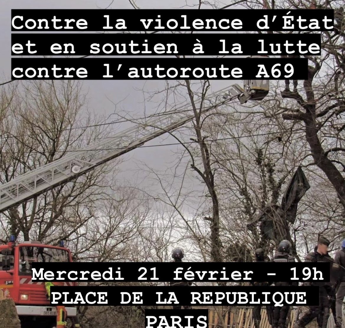 Appel à rassemblement ce soir pour dénoncer les violences d'État, soutenir la lutte contre l'autoroute #A69, défendre les écureuils de la #CremArbre et apporter un soutien sans faille à MAPUCHE, engagé dans une grève de la soif depuis ce lundi 19 février. 

#NoMacadam