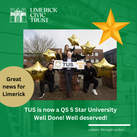 Congratulations to all at TUS on earning a QS 5 Star university rating. First university in Ireland to achieve 5 ⭐️in the Arts and Culture category. Acknowledgement of its student-centred, academic programmes, supporting work ready graduates. bit.ly/3UHUhC5 #Limerick