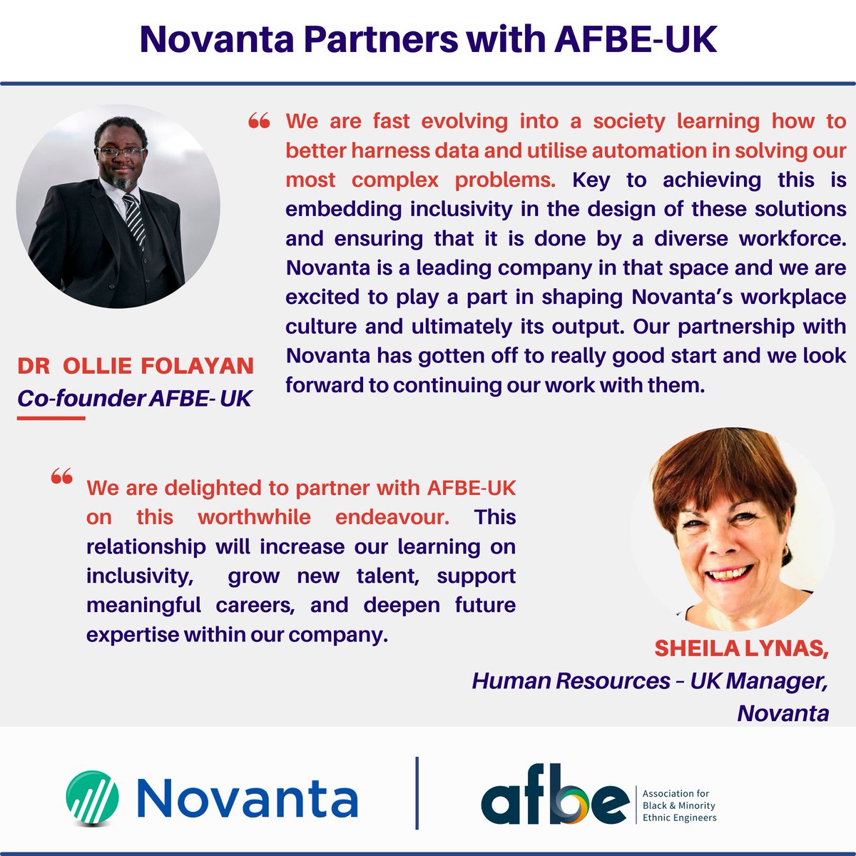 Delighted to Announce that AFBE UK is partnering with @Novantainc ! Here’s the thoughts of @OllieFolayan74 , Cofounder of AFBE UK and Sheila Lynas , Human Resources UK Manager of Novanta