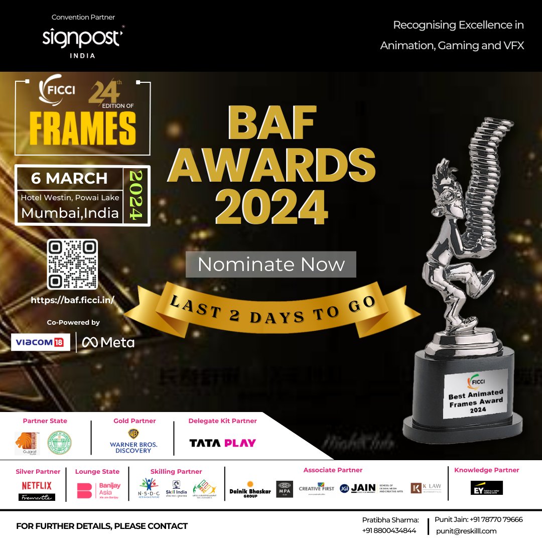 AnimationXpress's tweet photo. Time is running out! Only 2 days left to submit your nomination for the BAF Awards 2024.
For More Info: https://t.co/n3CBQtH6S2
#AnimationAwards #FICCIFRAMES #FICCIBAF https://t.co/TD13yTDCvF