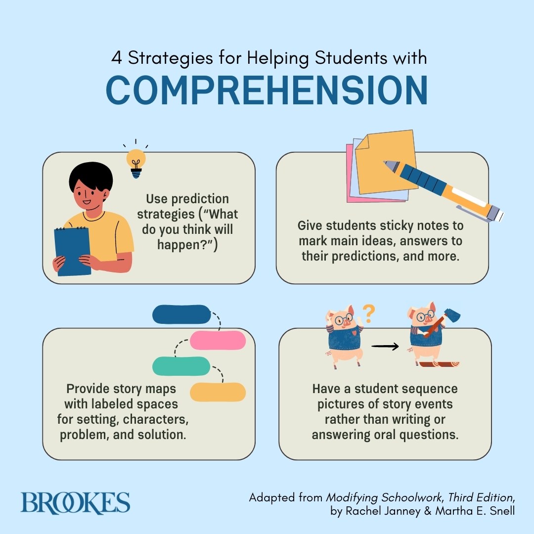 BrookesPubCo's tweet image. These simple strategies can help students of all abilities with reading comprehension. #schoolwork #teachertips #differentiatedinstruction #UDL #studentlearning
