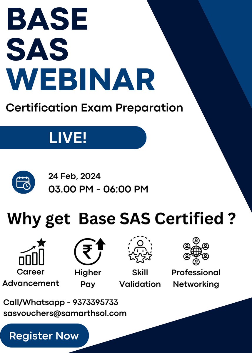 samarthsolsas's tweet image. Register now: bit.ly/SASCertWebinar
Elevate your SAS skills with FREE SAS Certification training!
Join our LIVE BASE SAS webinar on Feb 24th-3PM IST and learn
What & how to ace the exam
Tips & tricks for the exam
How to upscale your career
#SAS #basesas #sasdeveloper #sasuser