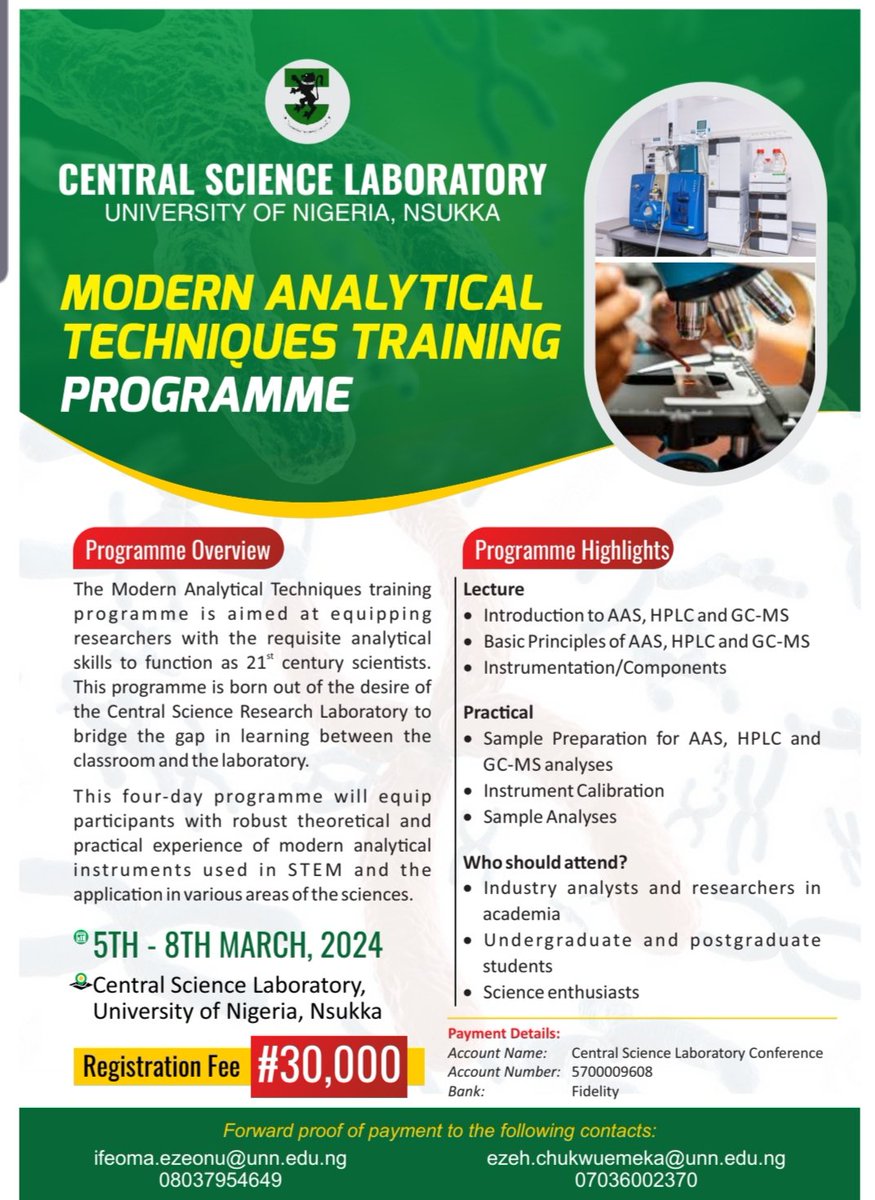 The University of Nigeria (UNN) Central Science Laboratory houses state-of-the-art equipment for Science in the 21st Century.

One of our objectives is to help students and researchers build capacity.

That's why we're bringing you this training.

Don't miss it!
#Science