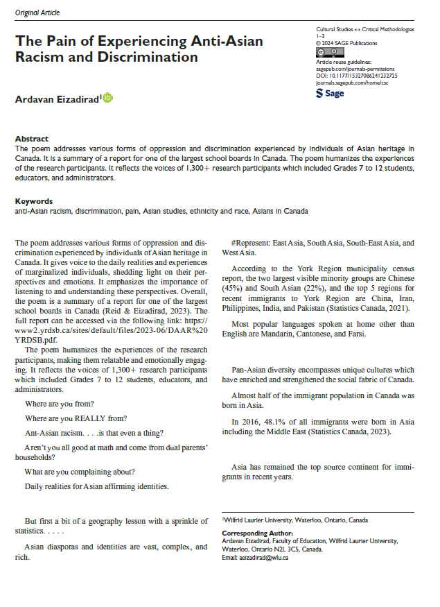 DrEizadirad's tweet photo. NEW PUBLICATION! 

in the journal Cultural Studies ↔ Critical Methodologies  

"The Pain of Experiencing Anti-Asian Racism and Discrimination"  

The poem addresses forms of oppression experienced by individuals of Asian heritage in Canada:
https://t.co/ikN61pYnmX 

Plz share! https://t.co/OKdXcIxOAO