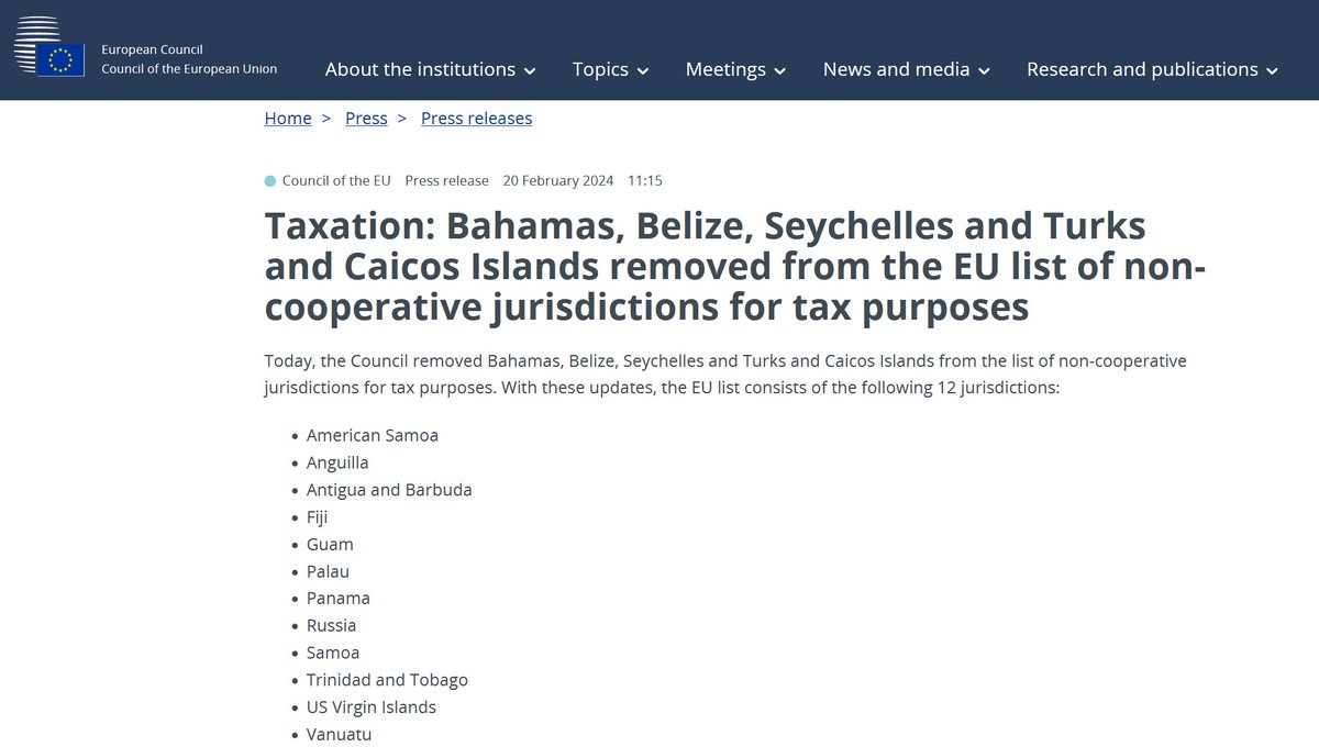 EU - Bahamas, Belize, Seychelles and Turks and Caicos Islands removed from the EU list of non-cooperative jurisdictions for tax purposes aml.bz/48jomLi