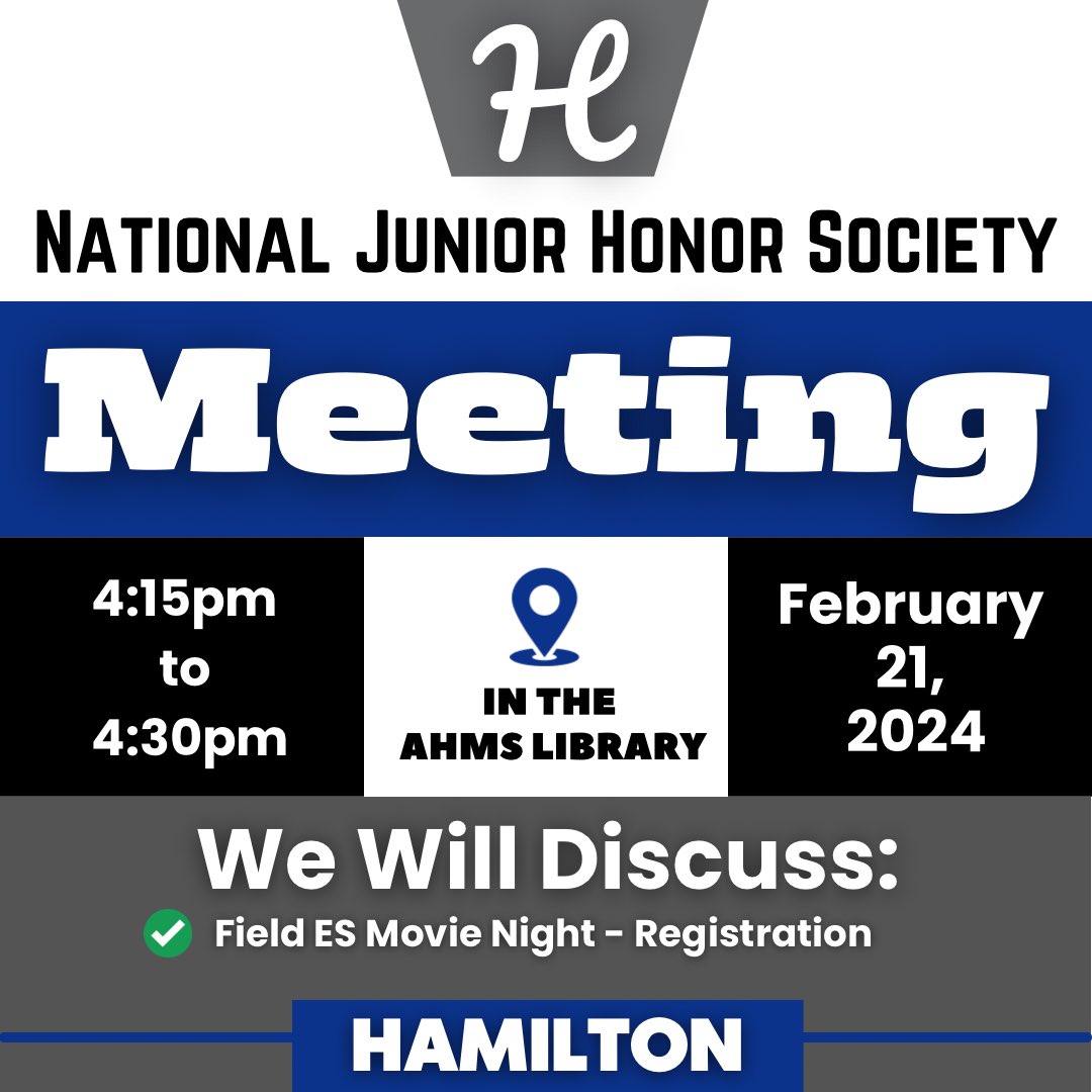 Hamilton Middle School NJHS (@hamiltonms_njhs) on Twitter photo Attention: Our Next Meeting will take place (2/21/2024) at 4:15pm.
🗓 Wednesday, Feb. 21, 2024
⌚️ 4:15pm - 4:30pm
📍AHMS Library
⤵️Read Below⤵️
#HoustonISD #HamiltonMS #NJHS <a href="/petecarter3/">Erika Carter</a> <a href="/NatHonorSociety/">National Honor Society</a> <a href="/MrJohnsonHTX/">Ernest Johnson</a> <a href="/MrsAgnew18/">Coach A M.Ed</a> @HISDCentral <a href="/HamiltonMS1/">Alexander Hamilton MS HISD</a> @TeamHISD Attention: Our Next Meeting will take place (2/21/2024) at 4:15pm.
🗓 Wednesday, Feb. 21, 2024
⌚️ 4:15pm - 4:30pm
📍AHMS Library
⤵️Read Below⤵️
#HoustonISD #HamiltonMS #NJHS <a href="/petecarter3/">Erika Carter</a> <a href="/NatHonorSociety/">National Honor Society</a> <a href="/MrJohnsonHTX/">Ernest Johnson</a> <a href="/MrsAgnew18/">Coach A M.Ed</a> @HISDCentral <a href="/HamiltonMS1/">Alexander Hamilton MS HISD</a> @TeamHISD