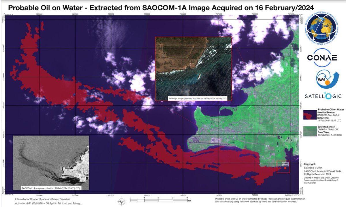 Mapa do óleo derramado de navio naufragado em Trinidad Tobago - Ativação @DisastersChart disasterscharter.org/web/guest/acti… imagem PAN/CBERS @inpe_mcti