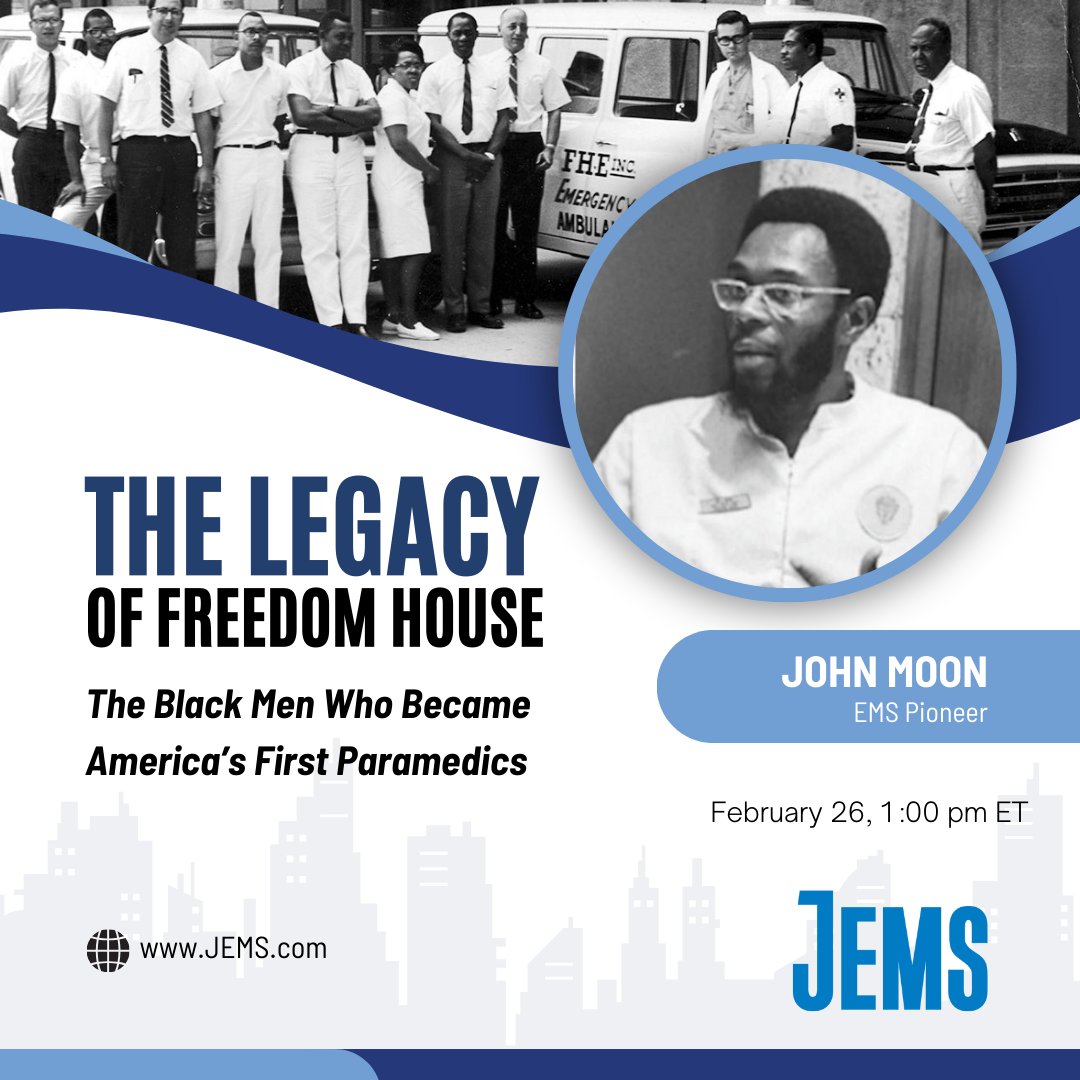 jemsconnect's tweet image. The Legacy of Freedom House: The Black Men Who Became America&apos;s First Paramedics: ow.ly/kT1x50Qy5Ph

In this exclusive webcast, #EMS pioneer John Moon will join us to discuss the history and legacy of the iconic Freedom House organization.

Monday, February 26, 1 pm ET