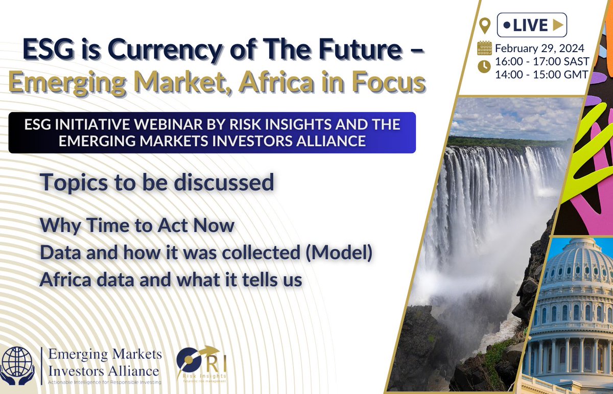 riskinsightsri's tweet image. Embark on an enlightening exploration with Risk Insights' distinguished speakers in collaboration with the Emerging Markets Investors Alliance (EMIA) for the upcoming webinar, "ESG is currency of the future – emerging market, Africa in focus."

#Riskinsights #EMIA