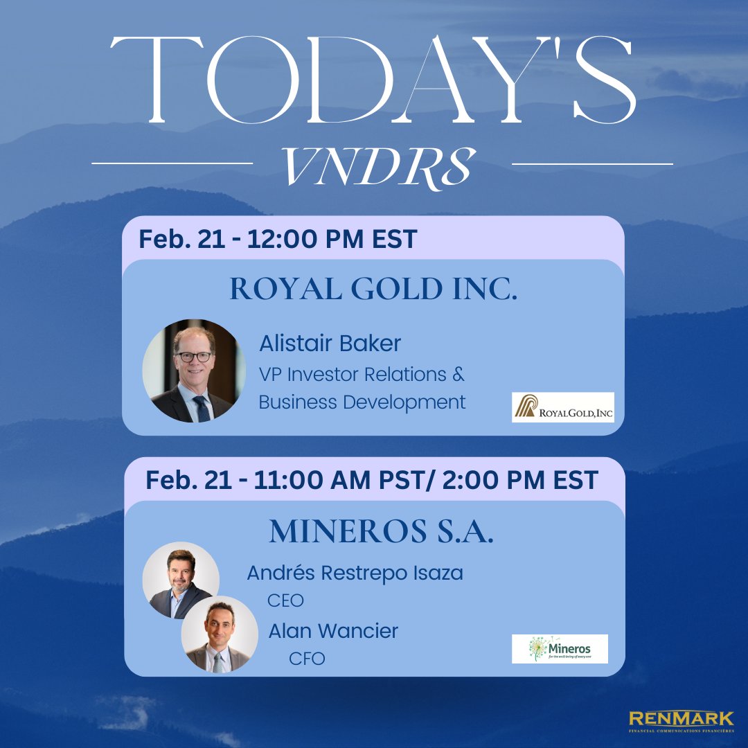 RenmarkMedia's tweet photo. Unlock the excitement! Tune in LIVE today's virtual presentations! #RenmarkVNDR
Registration:
RGLD: https://t.co/LFTgw3yxKl
MSA: https://t.co/7FTQwEx9ed
#Renmark #RGLD #RoyalGold #precious #metals #stream #Mineros #mining https://t.co/aENxVWrVFU