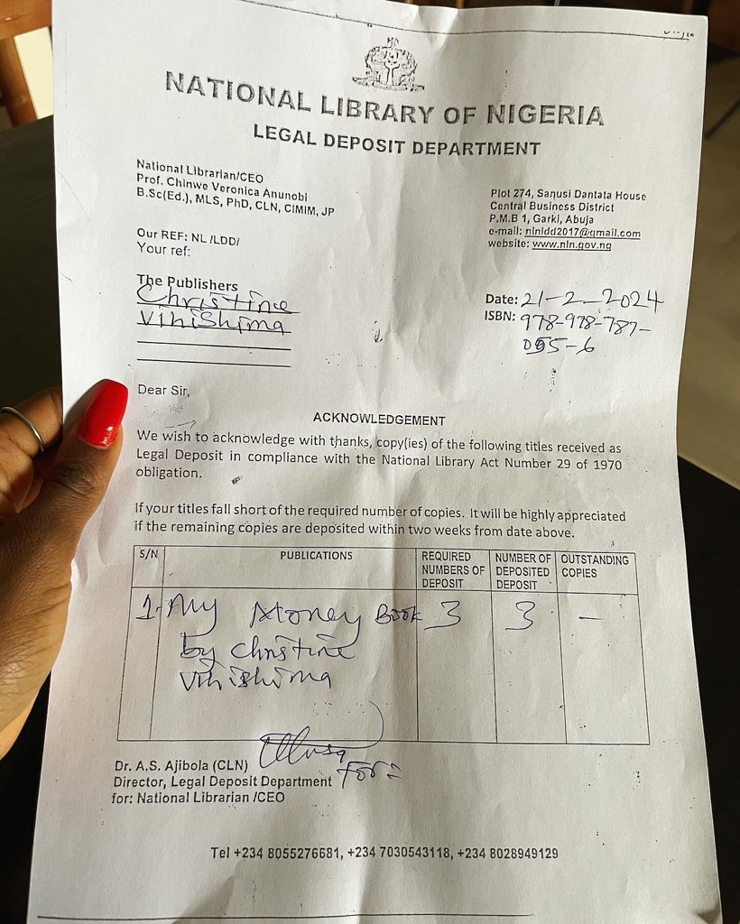 TheIshanpepe's tweet photo. 3 copies of MY MONEY BOOK Legally deposited at the National Library of Nigeria, Jos. ✅
Looking for a personal finance journal to help with your finances this year? Mine is perfect for you! Available at 10k only.
#themoneymechanic
#mymoneybook
#selfpublishing
#financejournal https://t.co/AbO3NpXDjn