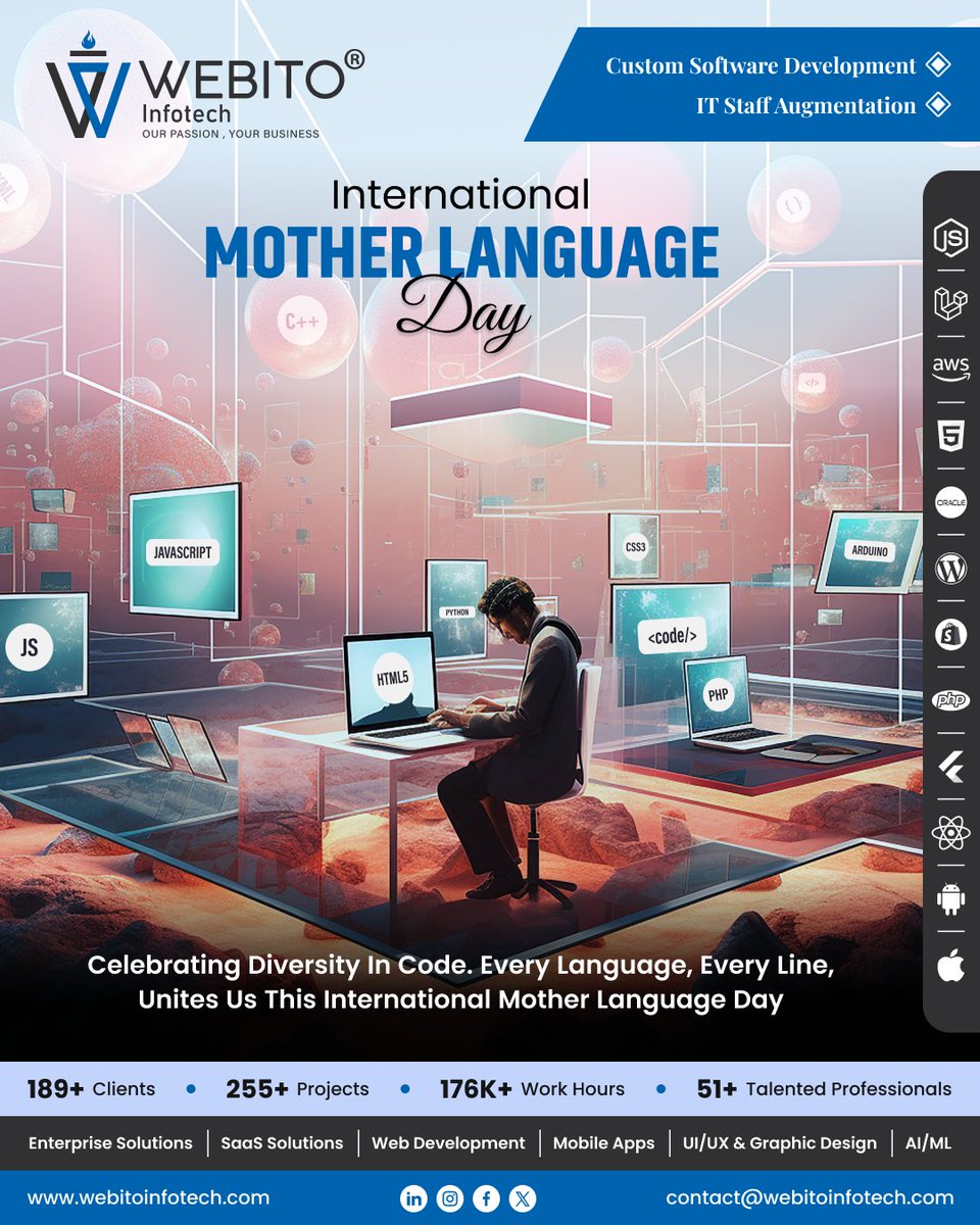 WebitoAI's tweet image. This International Mother Language Day, we at Webito Infotech honor not only the rich diversity of our world's cultures and languages but also the diverse languages of code that connect us across continents.
.
.
#MotherLanguageDay #CodingDiversity #TechUnity #LanguageCelebration