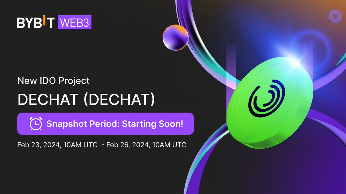 ⏲️ <a href="/dechat_io/">Dechat</a> ($DECHAT) IDO Subscription Closing Soon!

✅ Bybit Wallet: 250 $USDT + 0.1 BNB on BNB Chain

📆 Subscription: Feb 19, 10AM UTC - Feb 23, 2024, 10AM UTC

📷 Snapshot: Feb 23, 10AM UTC - Feb 26, 2024,10AM UTC

📢 DECHAT/USDT Bybit Listing on Feb 26, 2024, 10AM UTC

👉