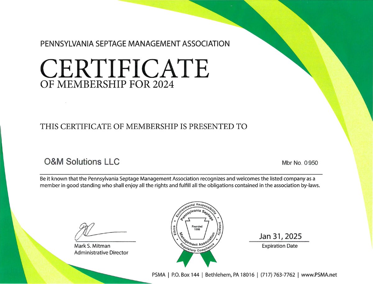 OMSolutionsInc's tweet image. 🌟 Thrilled to announce we have earned the prestigious Membership Certificate from the PA Septage Management Assoc! A testament to our commitment to excellence in water &amp;amp; wastewater management. Thanks to our team &amp;amp; partners! 🌍💧 #OMSolutions #Innovation #Sustainability