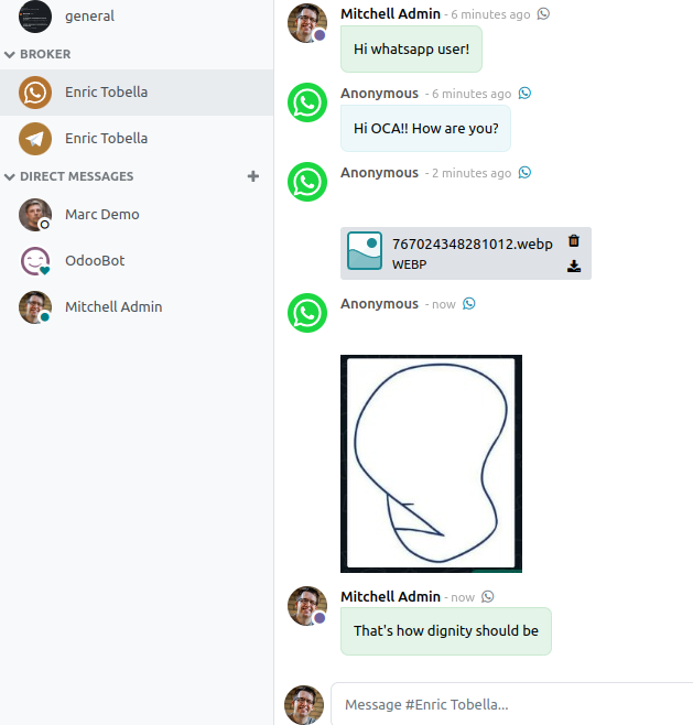 <a href="/OdooCommunity/">OCA</a> <a href="/aeodoo/">Asociación Española de Odoo (AEODOO)</a> whatsapp integration has arrived.

Next step is to improve documentation, but should be functional!!!

github.com/OCA/social/pul…