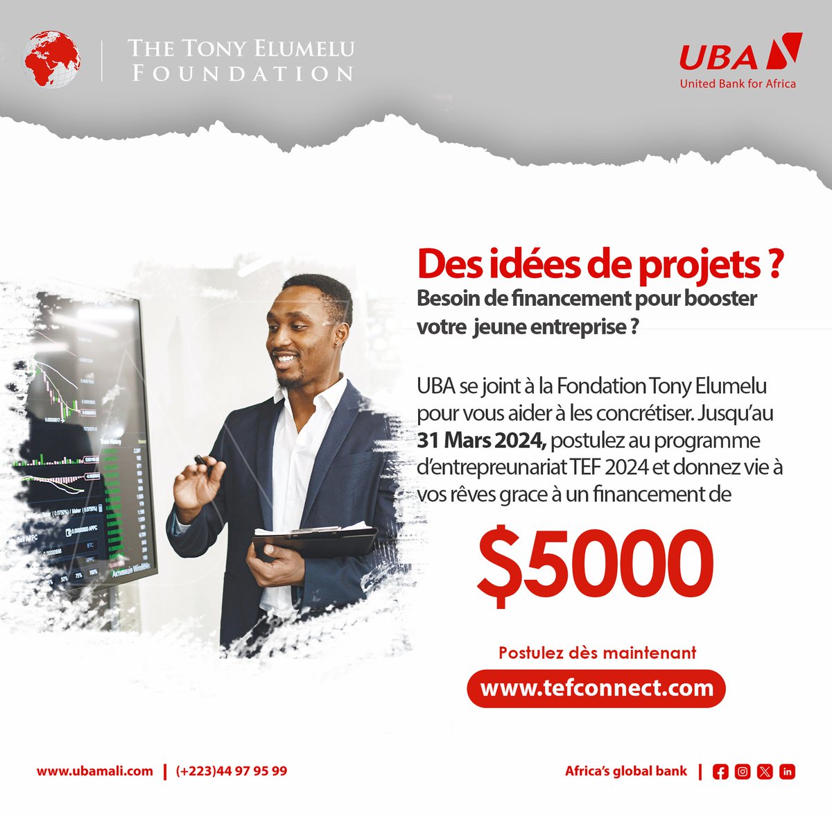 UBA_Mali's tweet photo. Jeunes entrepreneurs Africains, bénéficiez d'un financement 💰 allant jusqu'à 5000$ et d'un accompagnement sur mesure mis en place par The Tony Elumelu Foundation.

📍Rendez-vous sur la plateforme #TEFConnect (https://t.co/0FYcmdZ7al) jusqu'au 31 mars 2024 pour vous inscrire. https://t.co/pKseMTE4Vl