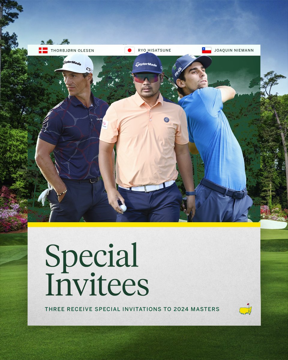 Denmark’s Thorbjørn Olesen, Japan’s Ryo Hisatsune and Chile’s Joaquin Niemann have accepted invitations to compete in the 2024 Masters Tournament.