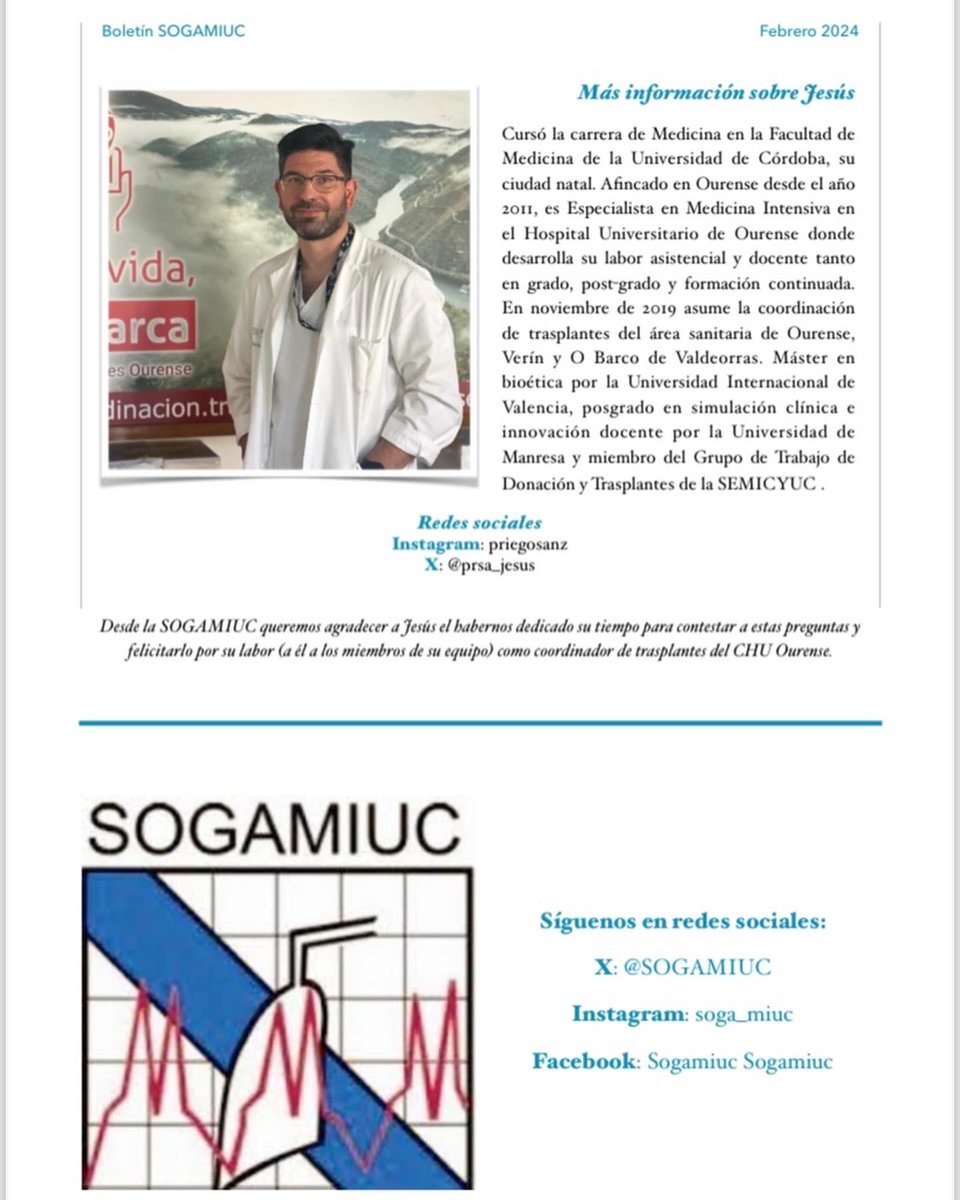 SOGAMIUC's tweet photo. #BoletínSOGAMIUC 4: hablamos con el dr @priegosanz, coordinador de trasplantes de la UCI de @Sergas_Ourense , equipo que ha batido récords en 2023, alcanzando cifras q sitúan a este hospital como primer hospital no trasplantador (tercero en global) en cuanto a actividad. https://t.co/9Vs9OEB4pw