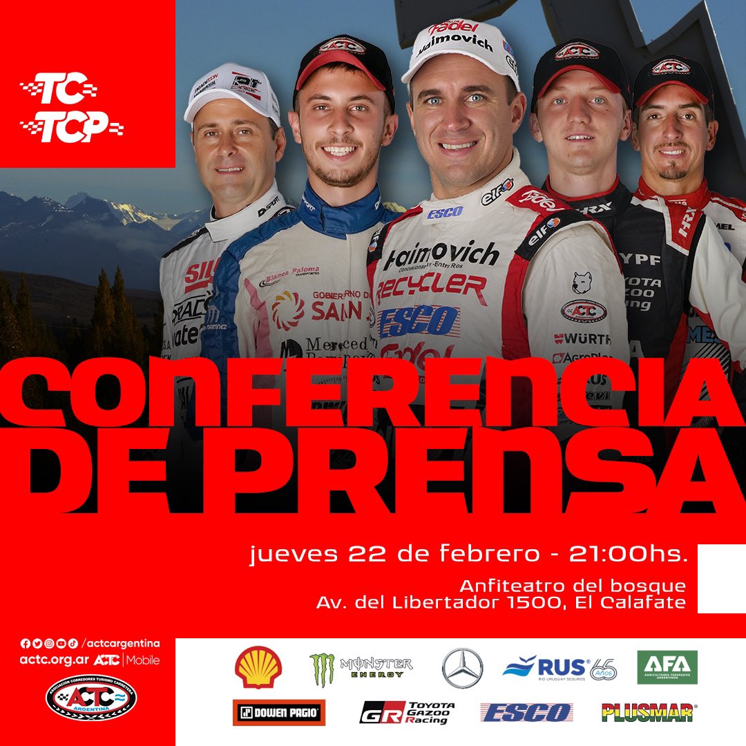 actcargentina's tweet photo. Conferencia de prensa
#GPShellHelix 📣
🗓️ Jueves 22/02.
🕣 21:00hs.
📍 Anfiteatro del bosque, El Calafate
(Av. del Libertador 1500) https://t.co/3Dr0WGAZCk