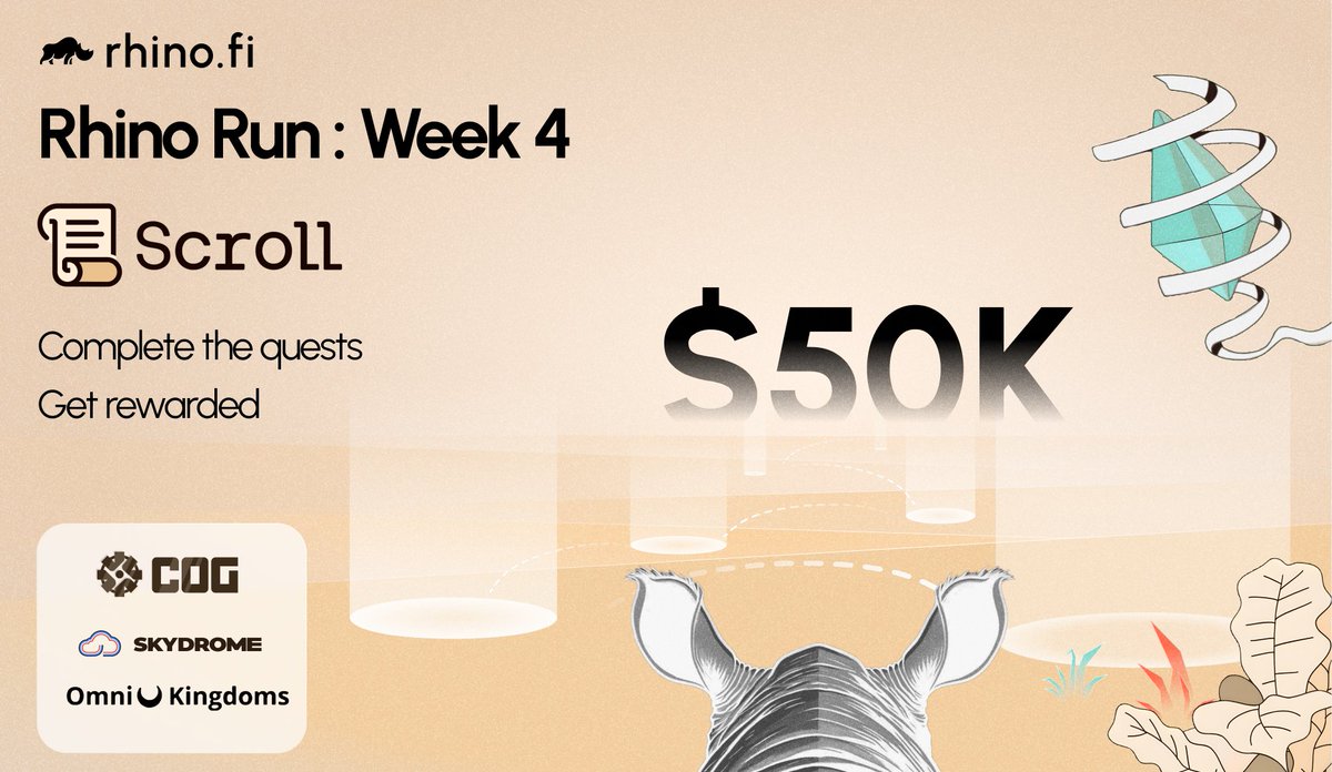 The 2nd half of the #rhinorun kicks off today! 🔎Explore @Scroll_ZKP ✅Complete tasks 🤑Win a share of $50,000 Join now 👉layer3.xyz/quests/rhino-r… Make sure you check out our amazing partners we have lined up for this week: 🔥@CogFinance 🔥@skydrome 🔥@OmniKingdoms