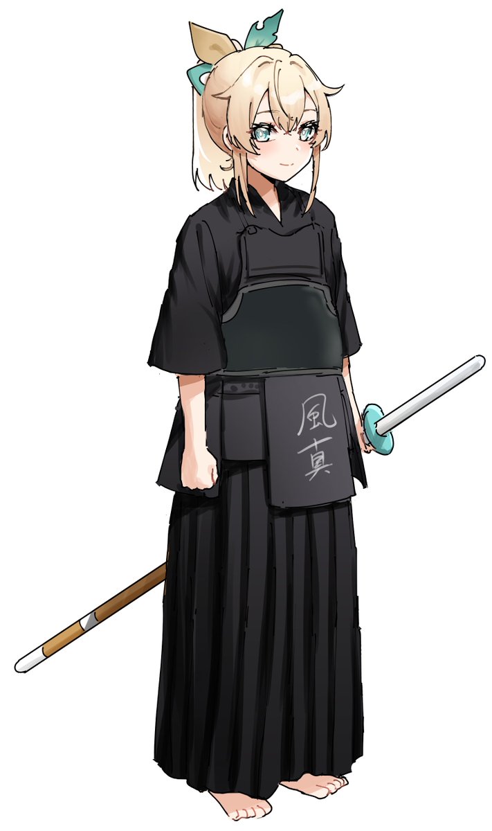 kazama iroha 1girl weapon sword solo blonde hair japanese clothes barefoot  illustration images