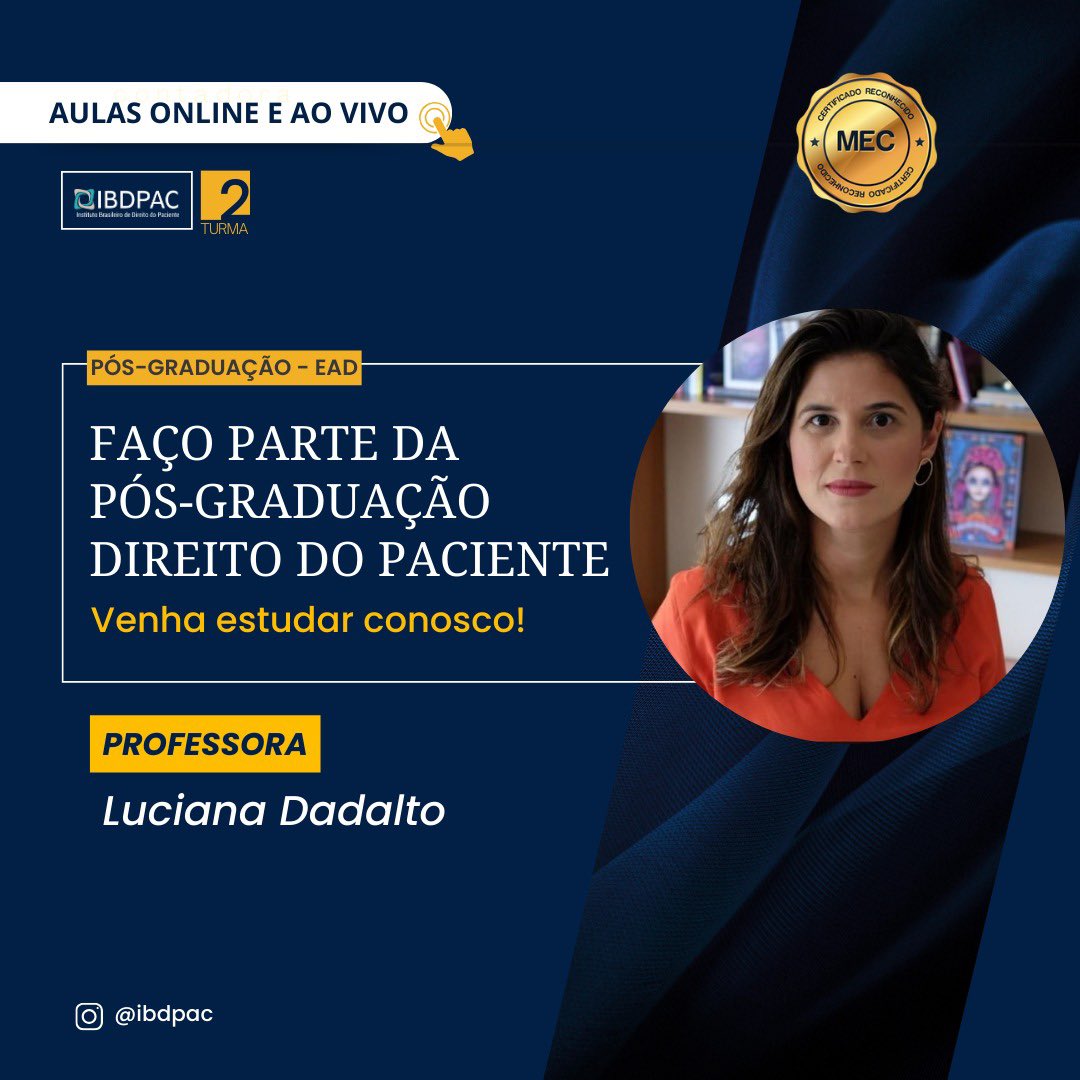IBDPAC's tweet image. Na Pós-Graduação em Direito do Paciente a Prof Luciana Dadalto com expertise em Bioética e cuidados paliativos estará com as últimas atualizações na área. Destaque-se como um profissional diferenciado ao fazer parte da segunda turma Início: 06 de Abril
Mais informações no site.