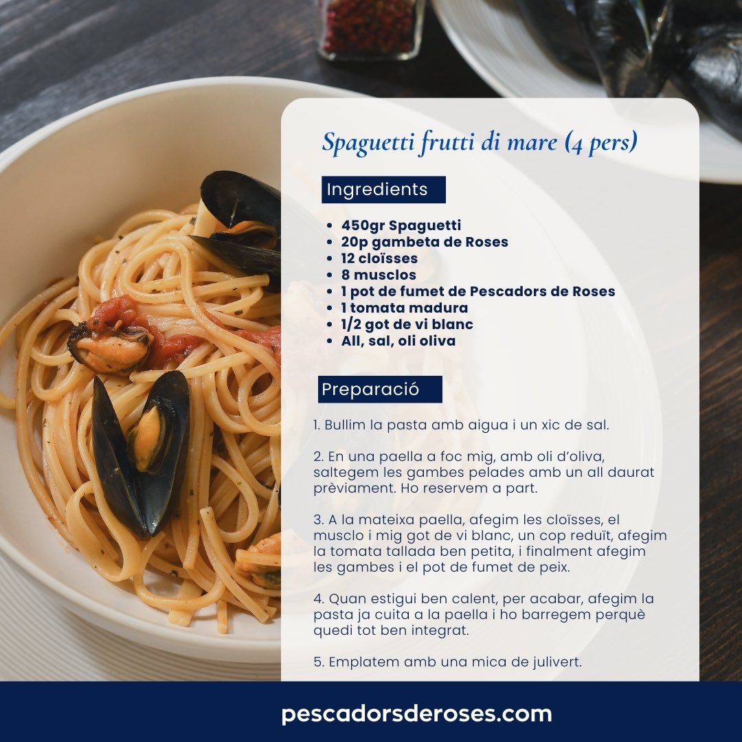 Un plat que us encanta…. Sou molts els que veniu a la peixateria demanant producte per fer Spaguetti frutti di mare, preneu nota pels que encara no l’heu fet mai 😋 agradarà a tota la família. 

#pescadorsderoses