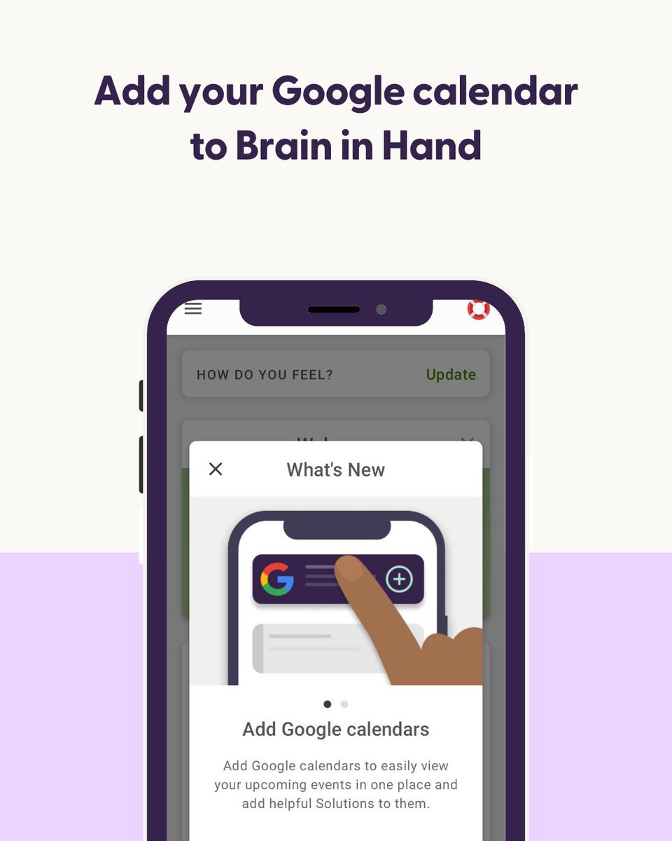 We want you to have everything you need in your Brain in Hand.  

That’s why you can now add Google calendars  – import your existing schedule and add your own strategies. Find out how: eu1.hubs.ly/H07KcPb0 

#HealthTech #App #Update #Neurodiversity #ProductUpdate