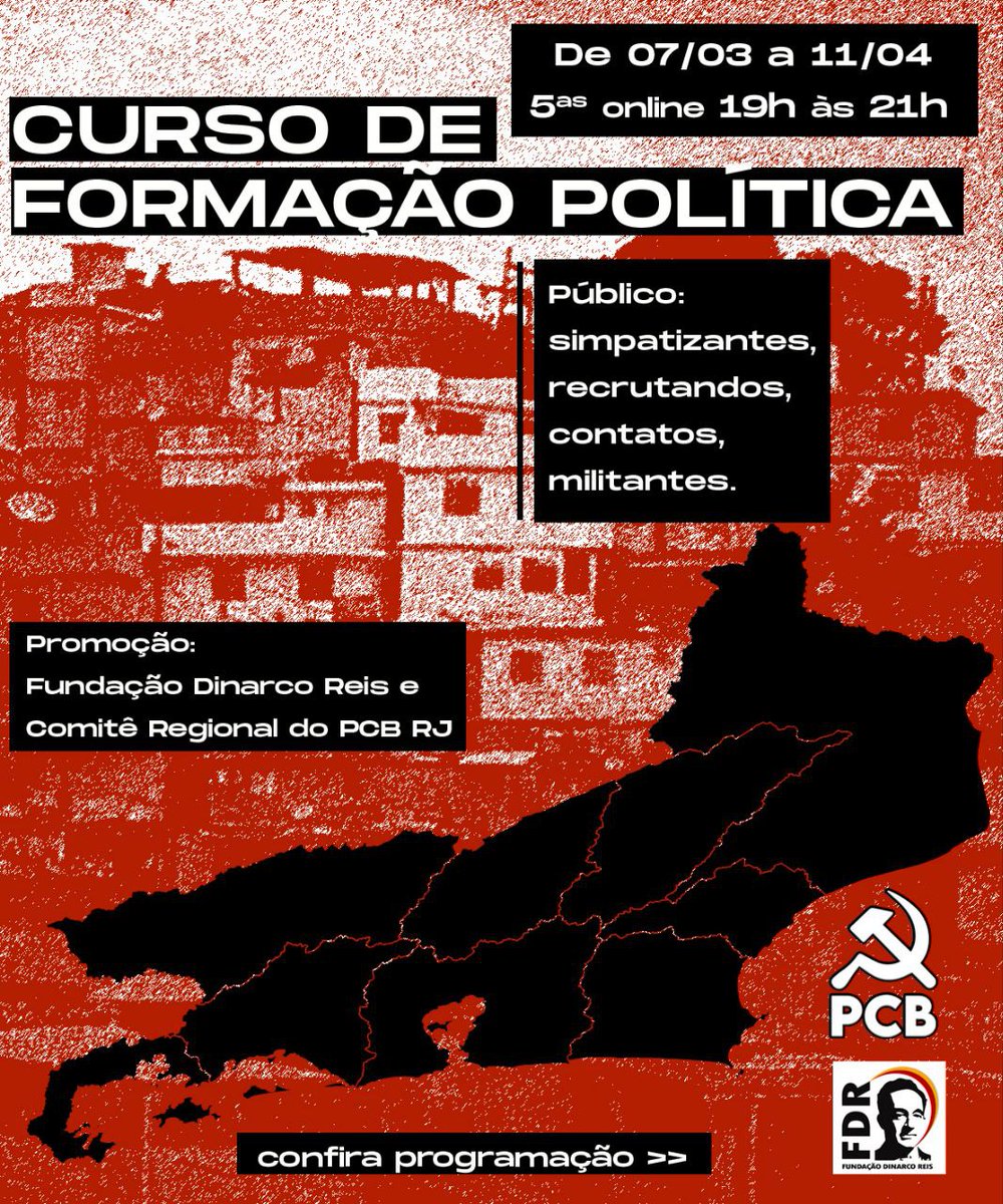 FDinarcoReis's tweet photo. A Fundação Dinarco Reis e o Comitê Regional do RJ estão promovendo um curso de formação para dialogar e aprofundar debates sobre a estratégia e a tática do PCB ao longo de sua história e tradição organizativa do PCB. 

🧶 https://t.co/PEDheNPD38