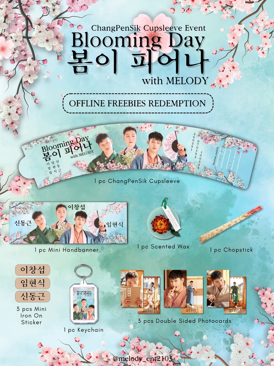 melody_ent2103's tweet photo. BLOOMING DAY WITH CHANGPENSIK

Reveal to you the details of ChangPenSik cupsleeve event and redemption kit 🌸 Purchase minimum RM 18 and you will get a lot of special freebies. See you on 2nd March 😍

p/s : We will open online redemption on 25th Feb. More info on this will be announced soon. 

#BloomingDay_with_ChangPenSik