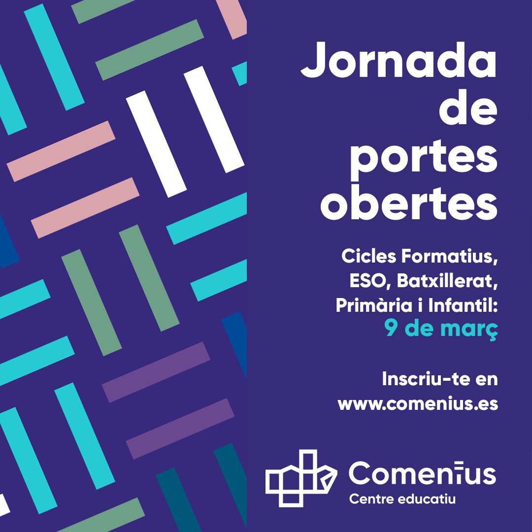 Jornades informatives pel curs 2024-25 que realitzarem el 9 de març  per a totes les etapas educatives que impartim al nostre centre. Hi haurà dos horaris: a les 10 i a les 11:30.  Inscripció a la nostra web: comenius.es Veniu a conéixer-nos!