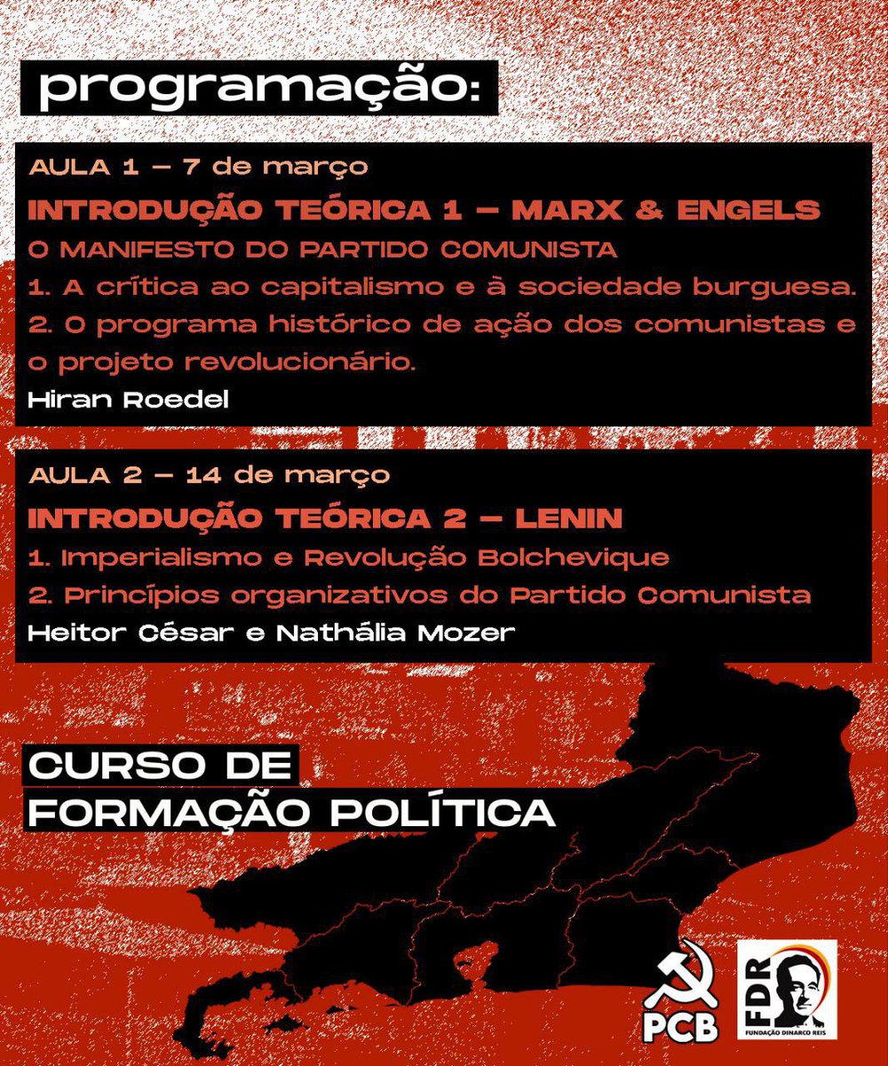 FDinarcoReis's tweet photo. A Fundação Dinarco Reis e o Comitê Regional do RJ estão promovendo um curso de formação para dialogar e aprofundar debates sobre a estratégia e a tática do PCB ao longo de sua história e tradição organizativa do PCB. 

🧶 https://t.co/PEDheNPD38