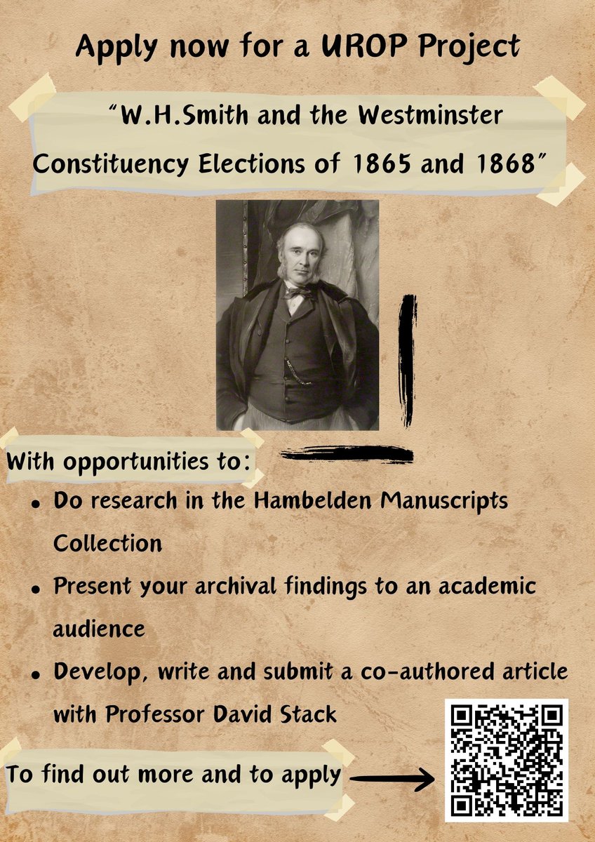 Our newest UROP project for eligible students is now live! 
"W. H. Smith and the Westminster constituency elections of 1865 and 1868" with Professor David Stack. 
To find out more, and to apply: reading.ac.uk/internal/urop2…
