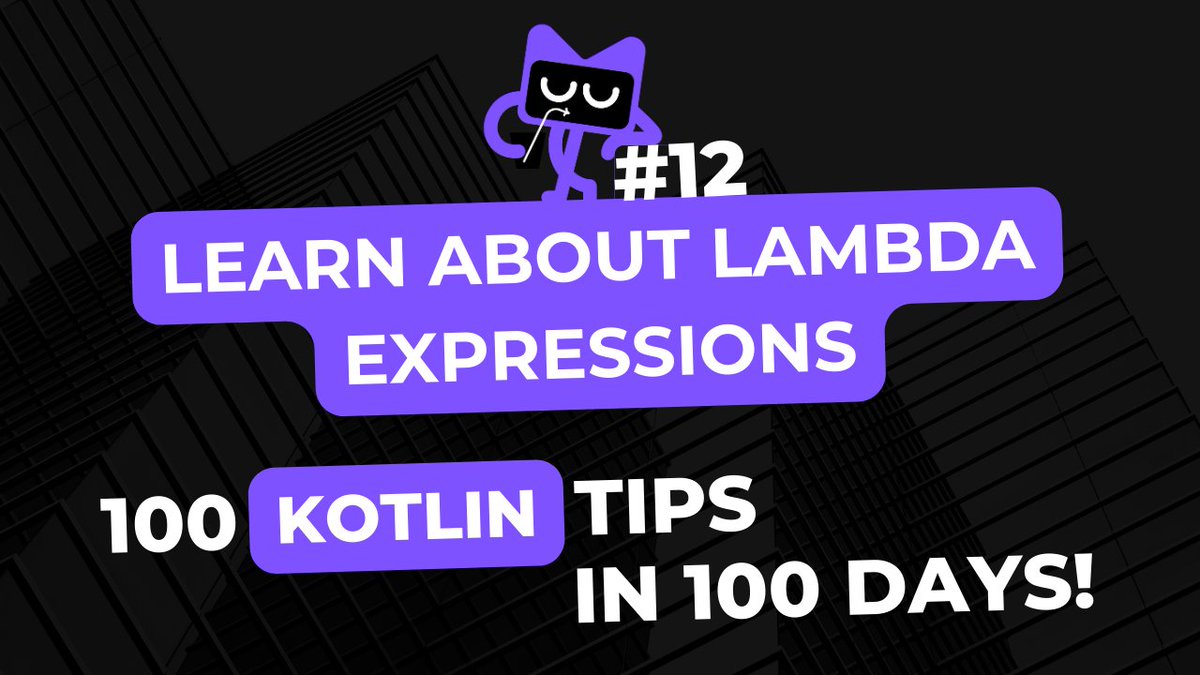 RaphaelDeLio's tweet photo. Kotlin Tip #12 - Learn about Lambda Expressions
Learn more: https://t.co/LNd6z87EcV
#kotlin #functionalprogamming #java #jvm #cleancode #lambdas #bolhadev cc @sseraphini https://t.co/ii9j58wL5i