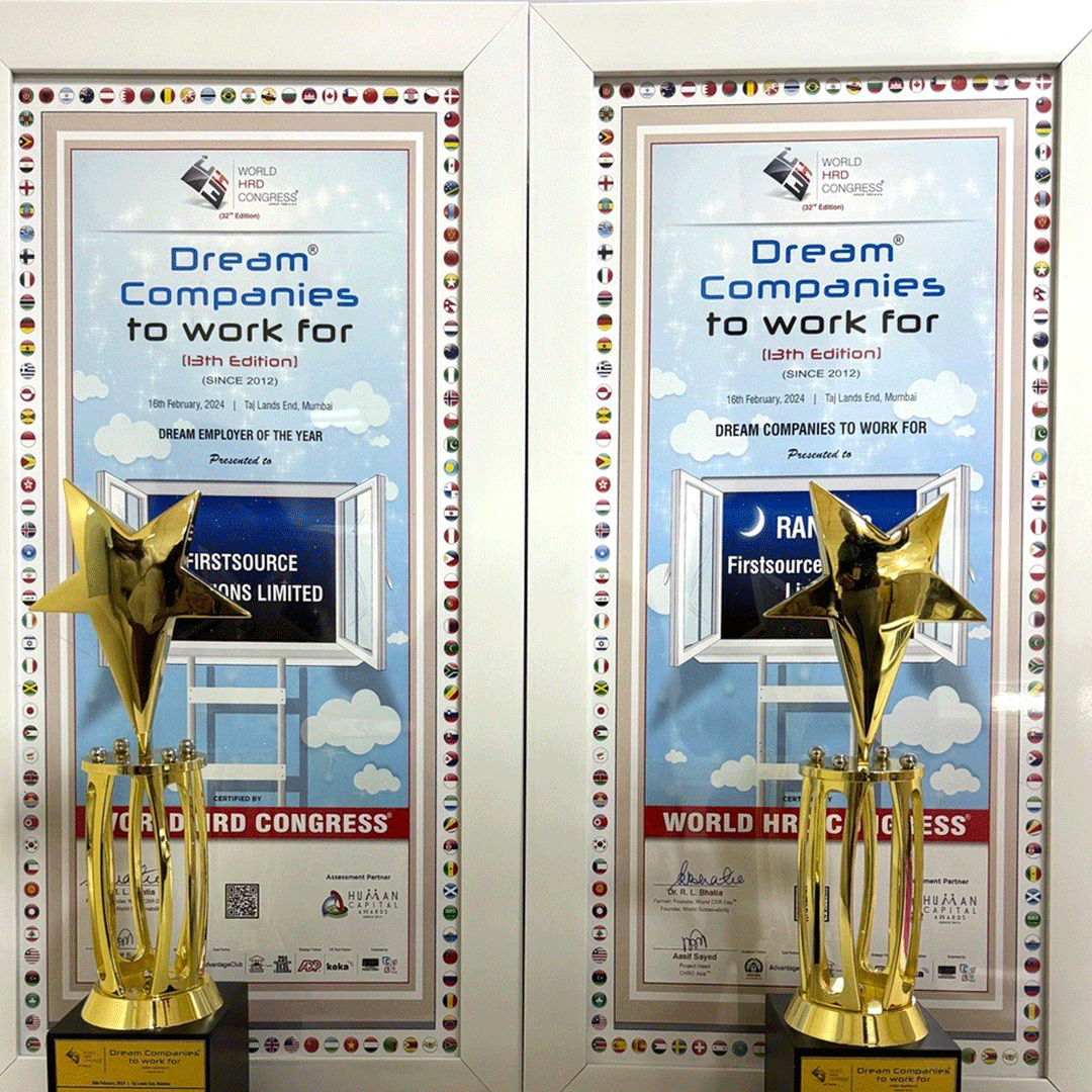 firstsource's tweet photo. Firstsource was awarded as a “Dream Employer of the Year” for building an exceptional employee experience at the WORLD HRD Congress 2024.
We are also recognized among the ‘Dream Companies to Work For’ by the World HRD Congress.
Thank you to #Firstsourcers across the world💕 https://t.co/WsYz3lShnF