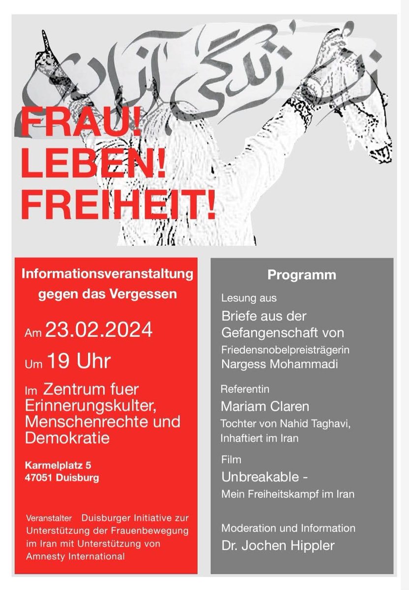 Am Freitag wird in Duisburg eine Informationsveranstaltung zur Frauenbewegung in Iran stattfinden. #WomanLifeFreedom