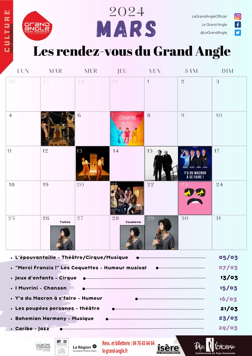 Les rendez-vous du Grand Angle [Mars] !

Retrouvez toute la programmation du mois de mars au Grand Angle avec de l'humour, du théâtre, de la musique, du cirque… 🎶🎭

📷 billetterie-grandangle.mapado.com