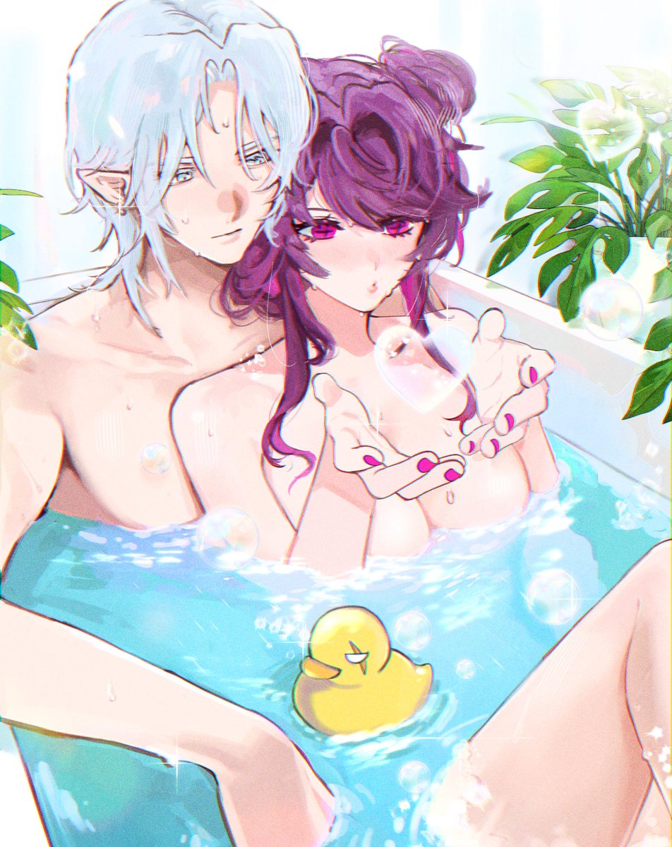 ✨🐤💧✨ take a bath time! kurururin with her BF 🐟 #originalcharacter #oc