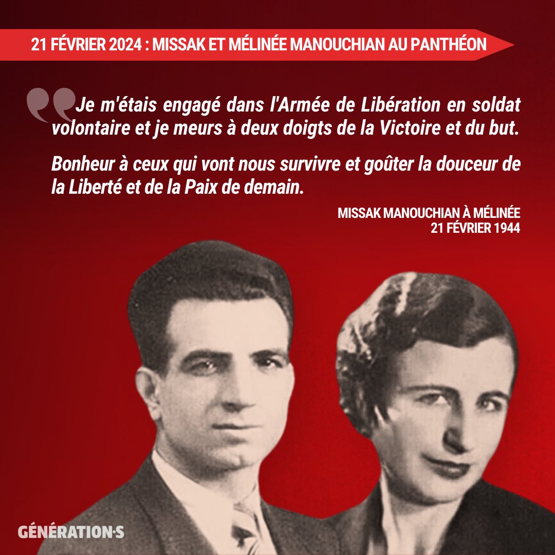 Missak et Mélinée Manouchian incarnent le combat contre le fascisme. Un combat à mener à nouveau aujourd’hui. Honneur à ces résistants étrangers, communistes, persécutés et stigmatisés qui ont combattu avec courage pour la liberté. Vous êtes la France.