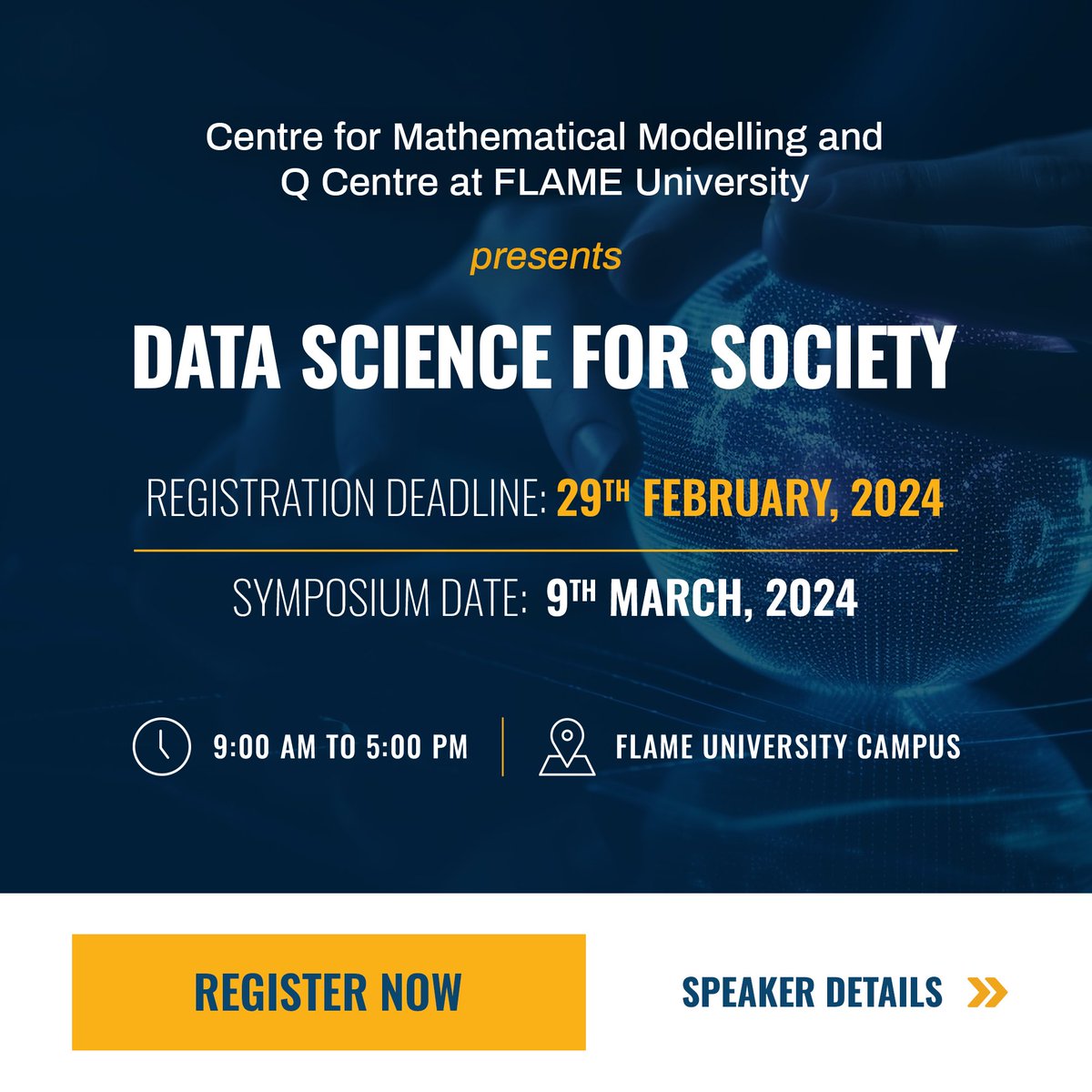 FLAMEUniversity's tweet photo. The Centre for Mathematical Modelling and Q Centre at FLAME University is conducting a symposium exploring the transformative power of data science!

In today’s world, data science is not just a buzzword; it’s the driving force behind monumental advancements that shape our society for the better. From revolutionizing healthcare to informing financial decisions and urban planning, data science empowers decision-makers with insights gleaned from vast and intricate datasets. Our esteemed speakers are ready to illuminate the diverse applications of mathematical modeling and data science.

But that’s not all! The symposium offers you a platform to showcase your ideas through poster presentations and participate in an engaging workshop focused on the applications of data science in finance.

Registrations are open until the 29th of February 2024.

Register via the link: https://t.co/OwfWziTGtC and unlock the endless possibilities of data science!