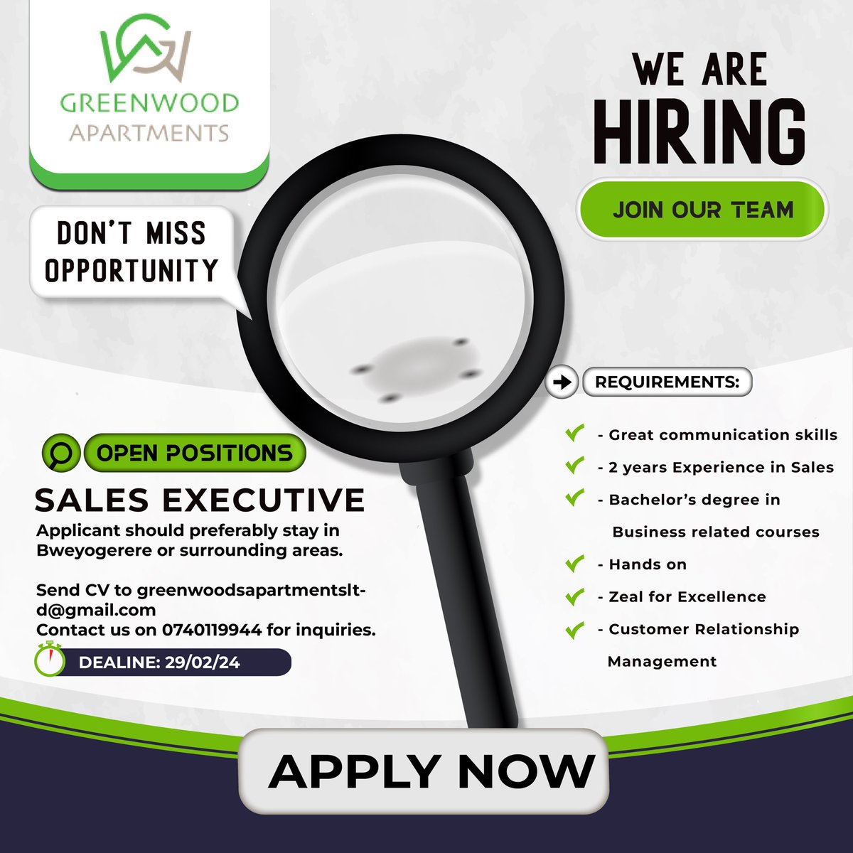 WE ARE HIRING!!!!

Join our awesome team of experts and professionals as a Sales Executive by emailing your CV to greenwoodsapartmentsltd@gmail.com or call 0740119944 for details.

#greenwoodapartments #salesexecutive #hiring #jobs #recruiting