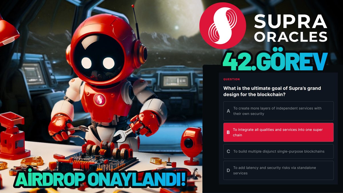 isnotberlin's tweet image. ⚡️ #SupraOracles  42. Görev! 

Herkese merhaba,  
SupraOracles 42.Görevi cevapları 3 tane sizin cevap hangisiyse lütfen onu seçin:

▪️ To integrate all qualities and services into one super chain

▪️ Creating a vertically integrated all-in-one blockchain

▪️ It gives devs a…