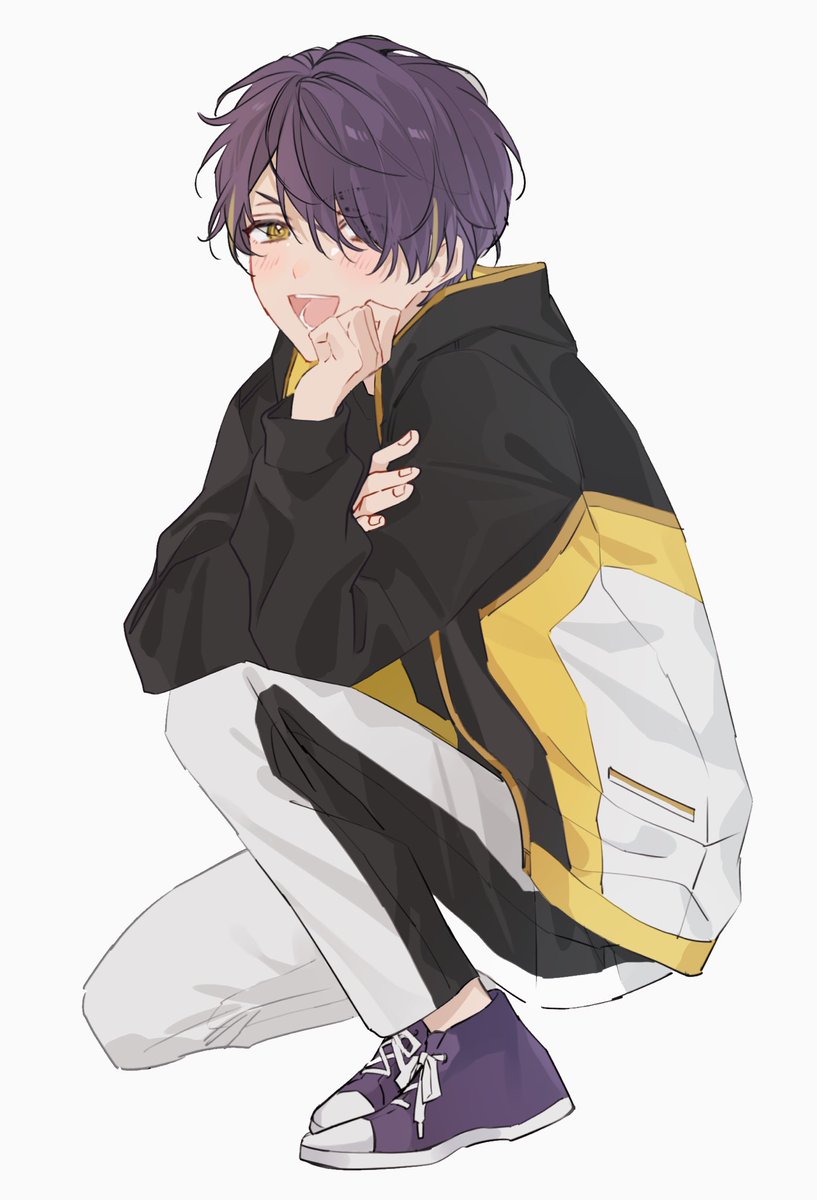 male focus 1boy solo pants white background jacket purple hair  illustration images