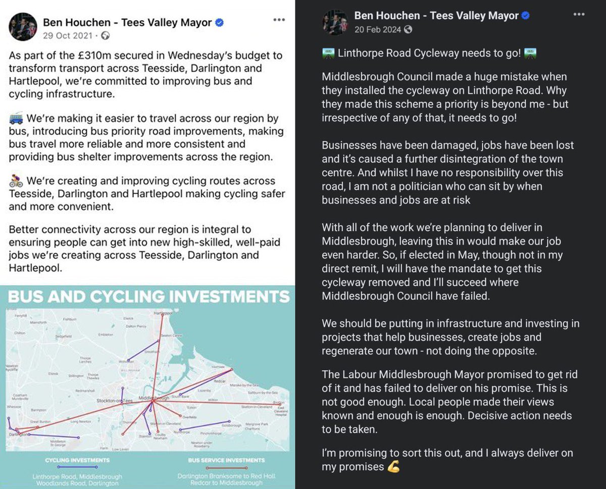 Populism and jumping on a bandwagon for reelection, a prime example below. It was all part of his (TVCA) active travel plan, until it wasn't. Interested to know what businesses have been damaged by having a cycle lane near it 🤷🏻‍♂️ #teesvalley #activetravel #cycleway #gaslighting
