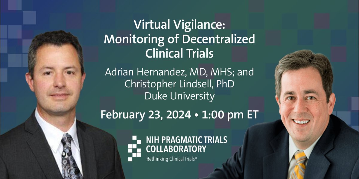 ICYMI This Friday in PCT Grand Rounds, we welcome Adrian Hernandez @texhern and Chris Lindsell of @DukeMedSchool to discuss virtual data monitoring in decentralized #clinicaltrials. Join us and share your insights. #pctGR 

➡️ bit.ly/3wmbEy9