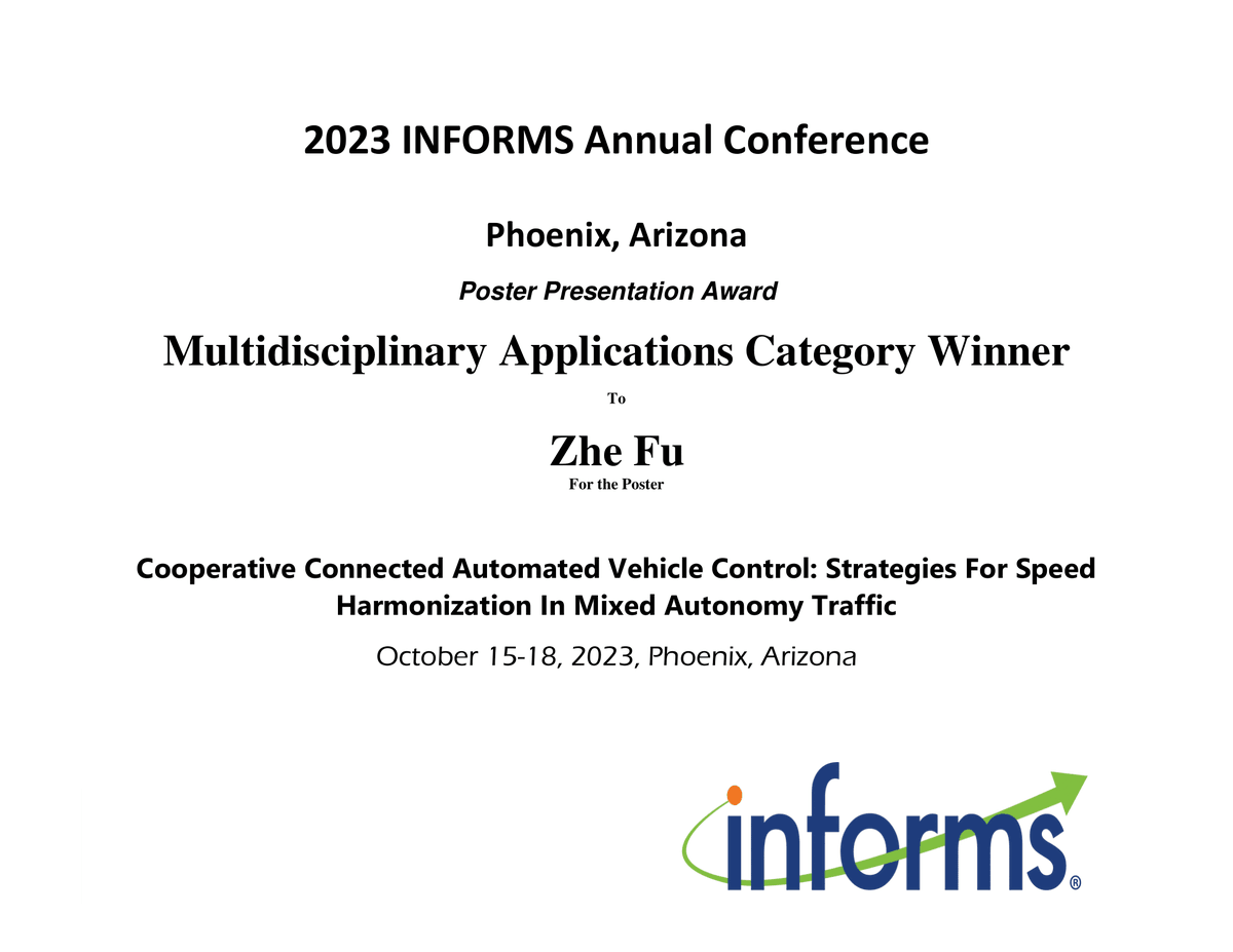 Congrats to CEE Ph.D. student Zhe Fu on receiving the winning award for her poster “Cooperative Connected Automated Vehicle Control: Strategies For Speed Harmonization In Mixed Autonomy Traffic” at the annual INFORMS meeting! Learn more here: bit.ly/3V58dX5.@Cal_E…