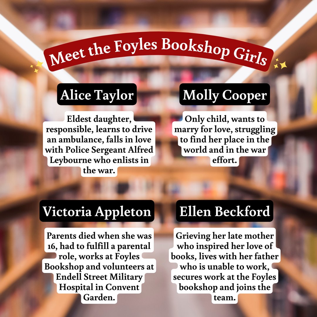 Meet the Foyles Bookshop Girls: Alice, Molly, Victoria and Ellen 📚 Join them during life in wartime while working in the beloved bookshop. #AWartimeWelcomefromtheFoylesBookshopGirls by <a href="/RobertsElaine11/">Elaine Roberts</a> is out now 📖 mybook.to/bookshopgirlss…