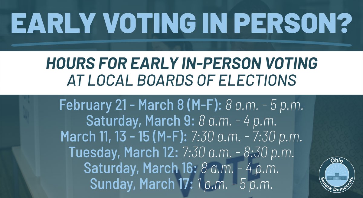 In-person early voting starts today! From now until March 17 you can vote early at your local boards of elections. Visit voteohio.gov to learn more!