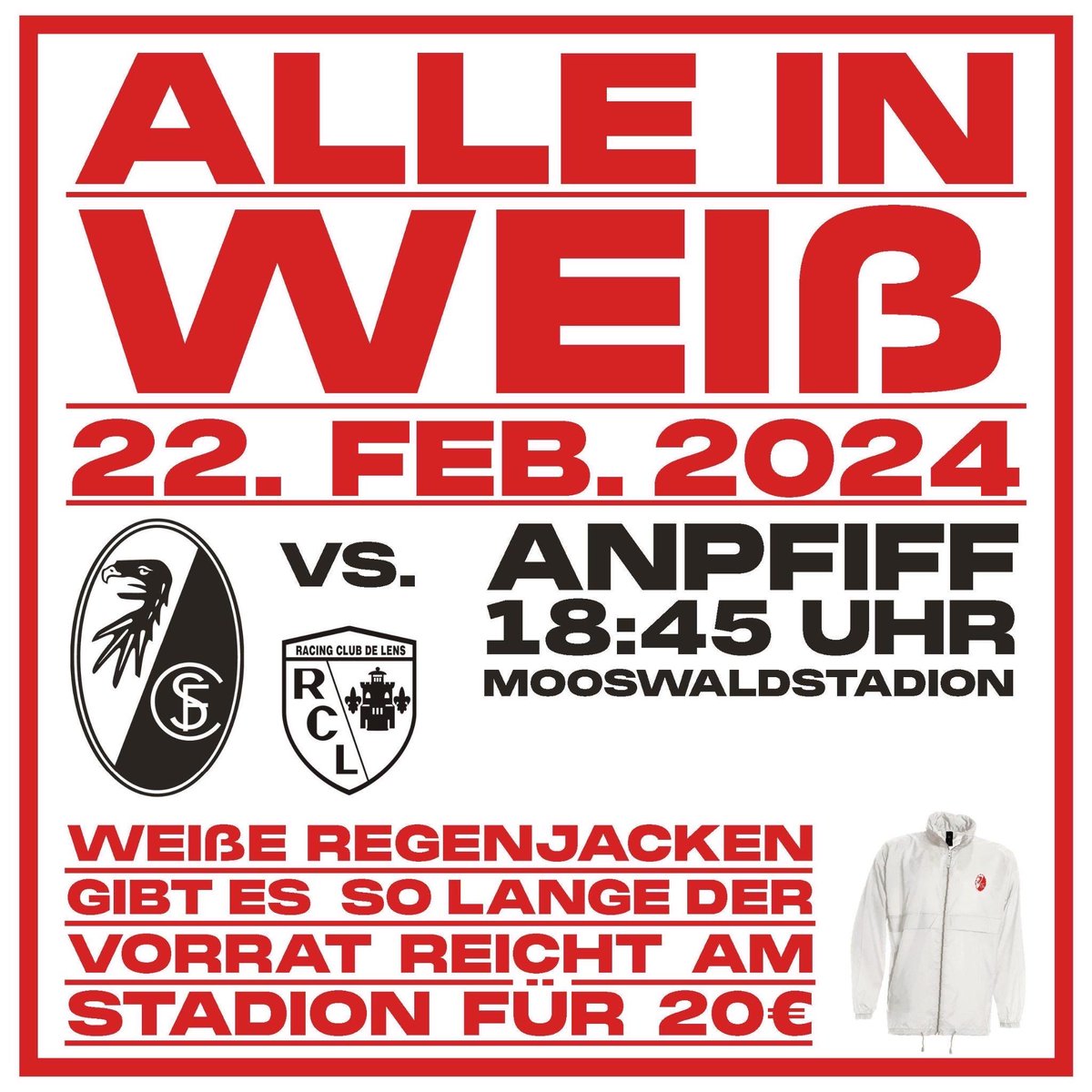 IWF_12's tweet photo. Auch morgen gegen Lens wieder alle in Weiß! Weiße Regenjacken gibt es ab 16:15 Uhr am Fanbüro.
#SCFRCL https://t.co/HM4AsGhZBY